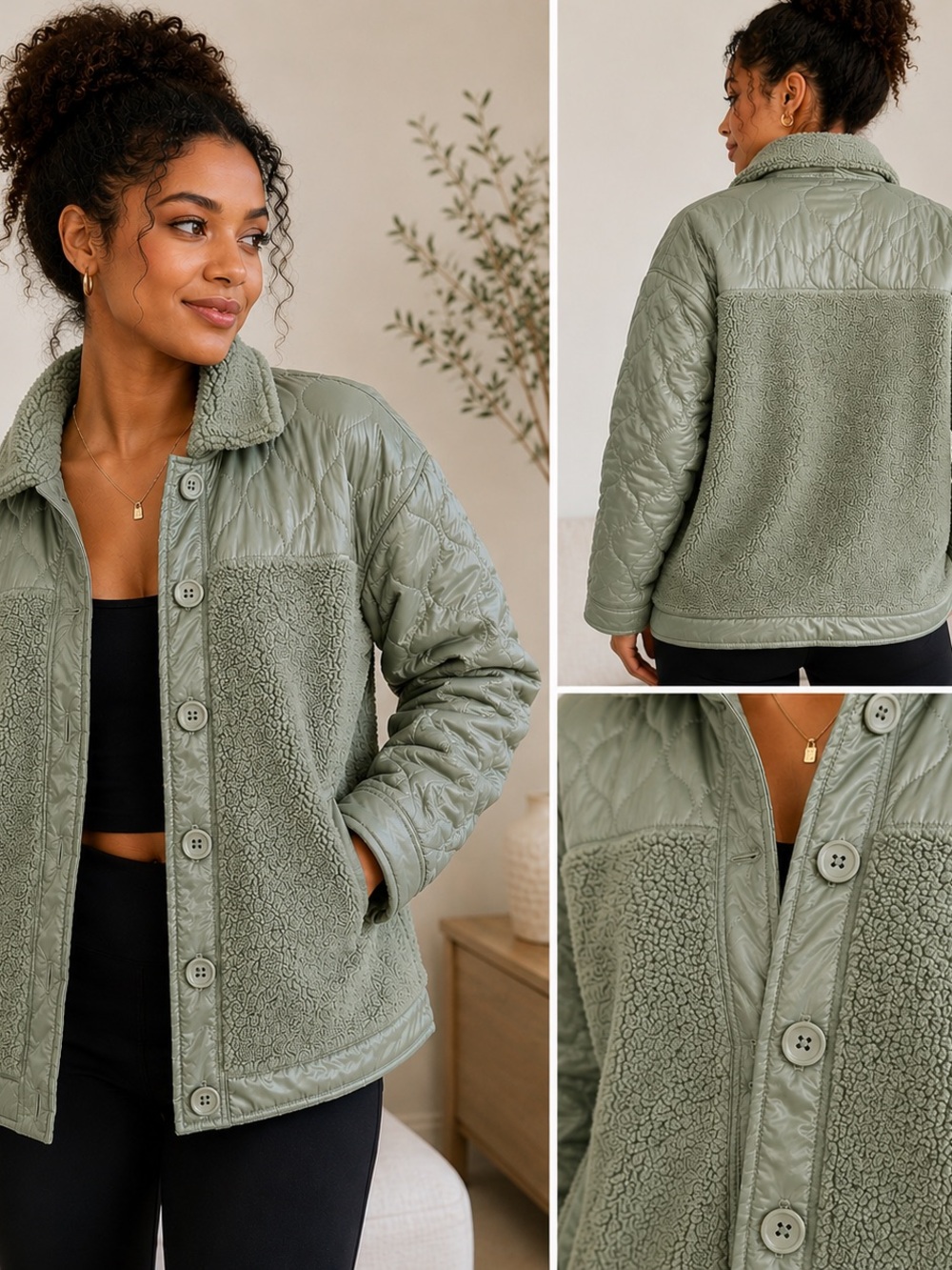 Quilty Sherpa-Lined Button Front Jacket - Sage Green